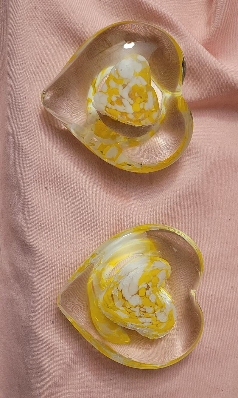 Pair Of Heart Shaped Art Glass Clear Paperweight Yellow and White Heart Center